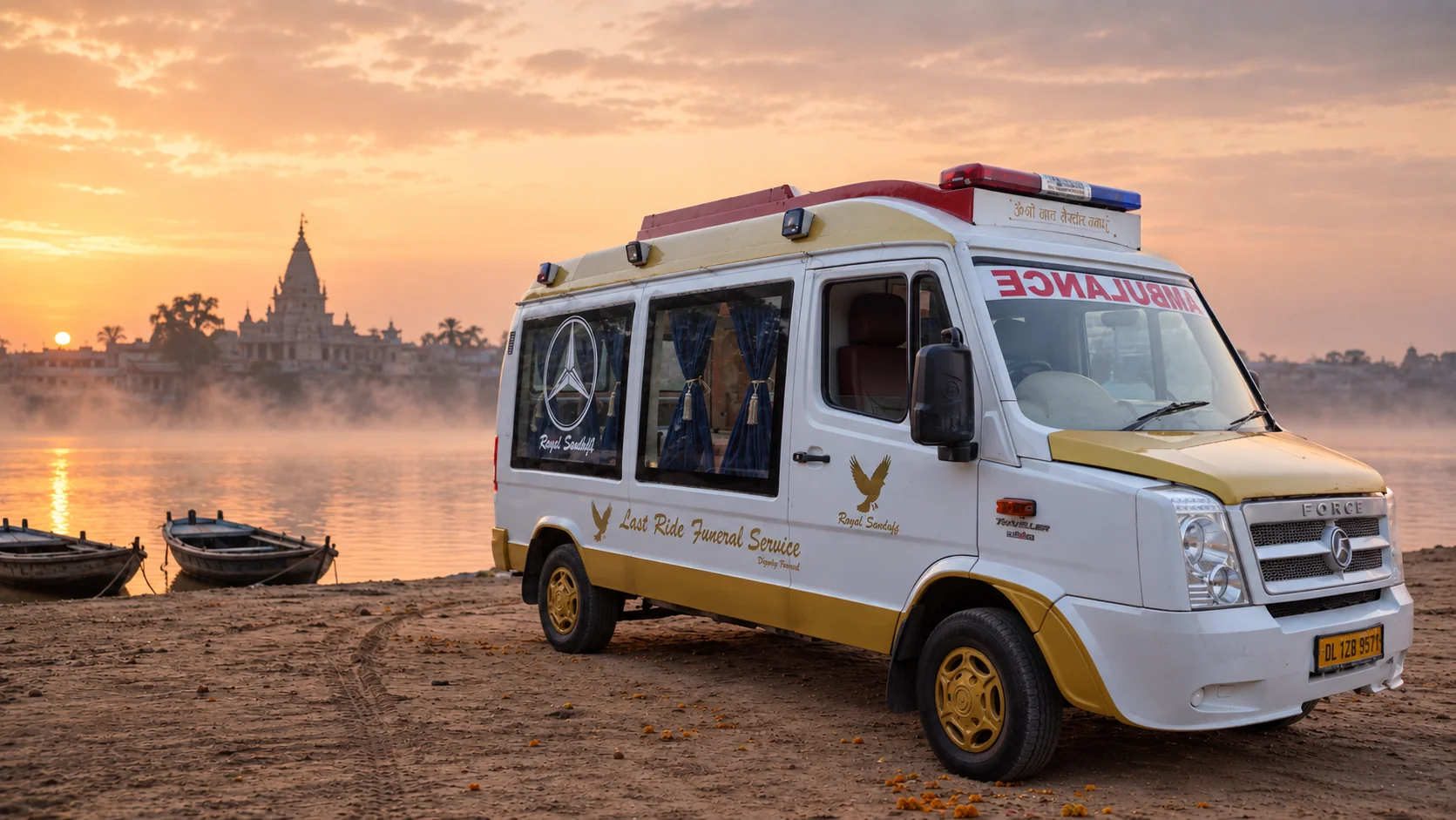 Last Ride Funeral premium glass hearse van at the Yamuna riverbank in Delhi at golden hour, with marigold flowers on the sand and a temple silhouette on the opposite bank